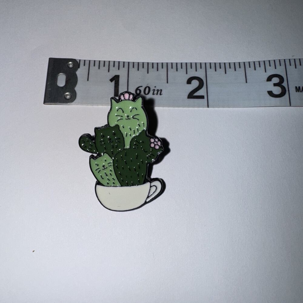 Cat Cactus Plant In A Cup Pin Brooch